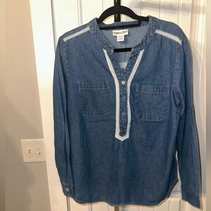 Vintage Country Store Size Large Chambray Denim & Lace Blue Long Sleeve Top